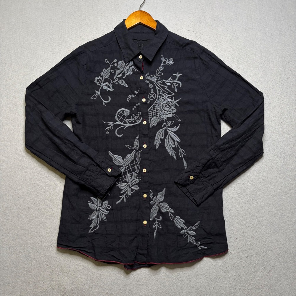 3J Workshop Johnny Was Shirt Mens M Black Embroidered Floral Long Sleeve Boho